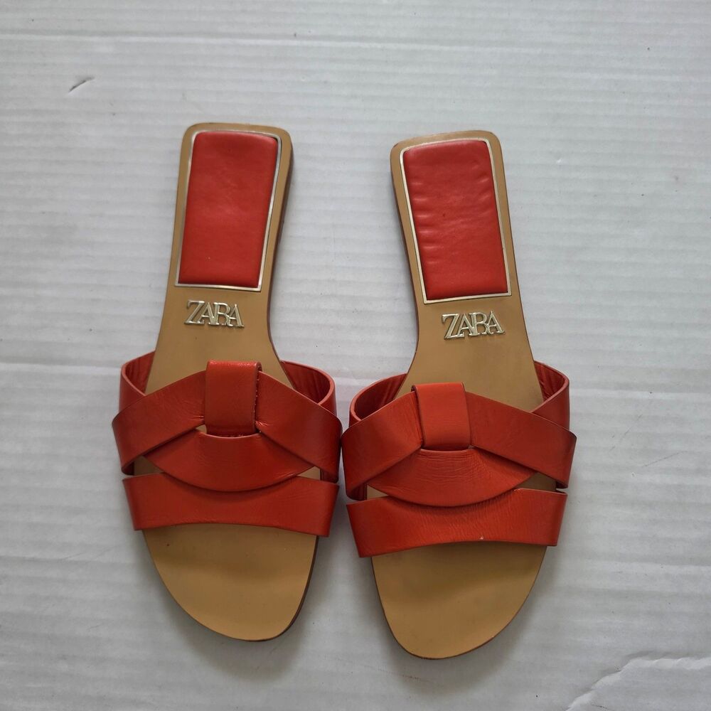 ZARA Women’s Orange Slide Sandals Synthetic Straps Buckle Slip On EU 39 US 8.5 - Picture 1 of 8